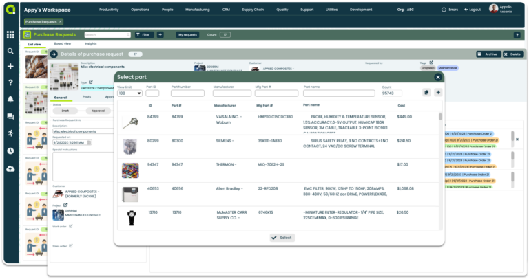 Appward Purchase Request App - Selecting Parts