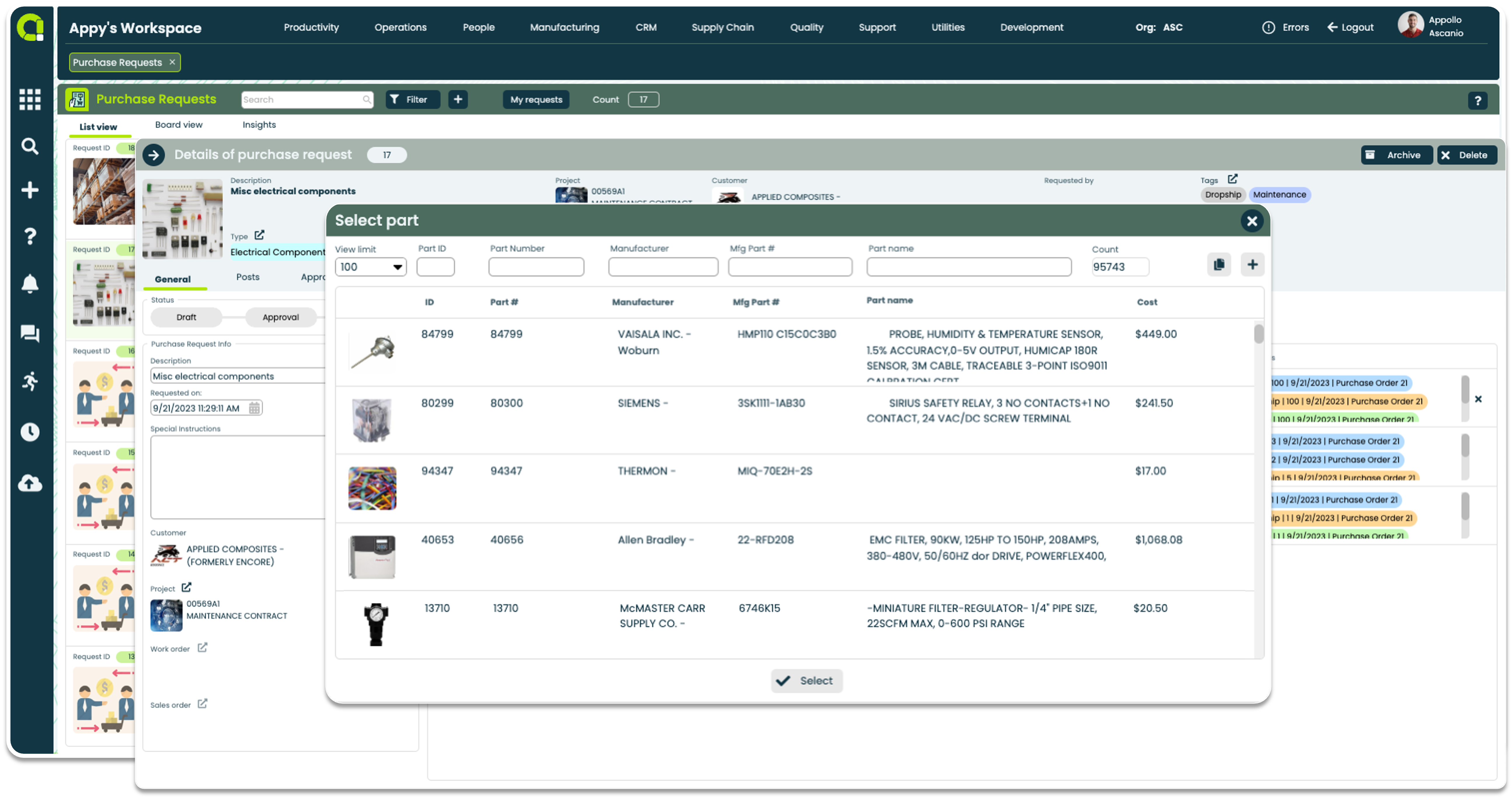 Appward Purchase Request App - Selecting Parts