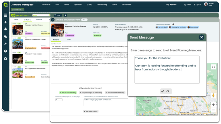 Appward Special Events app, messaging with event planners.